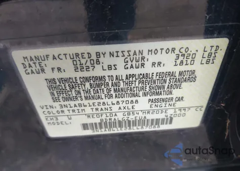 2008 Nissan Sentra 2.0Sl из США, поврежденный, VIN 3N1AB61E28L687088